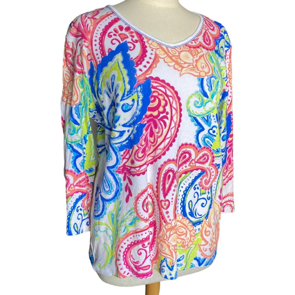 Jess & Jane Rainbow Paisley Top Colorful Vacation Resort ¾ Sleeve USA Made-XL